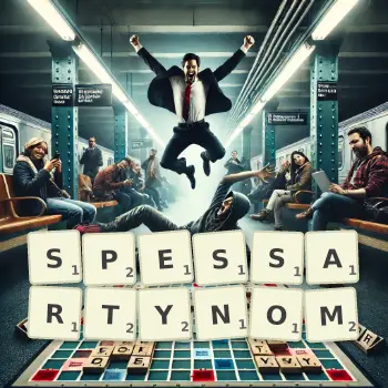 Kreatywna ilustracja do gry w Scrabble ze słowem SPESSARTYNOM ułożonym z płytek na planszy.