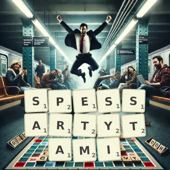 Kreatywna ilustracja do gry w Scrabble ze słowem SPESSARTYTAMI ułożonym z płytek na planszy.