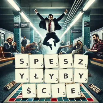 Kreatywna ilustracja do gry w Scrabble ze słowem SPESZYŁYBYŚCIE ułożonym z płytek na planszy.