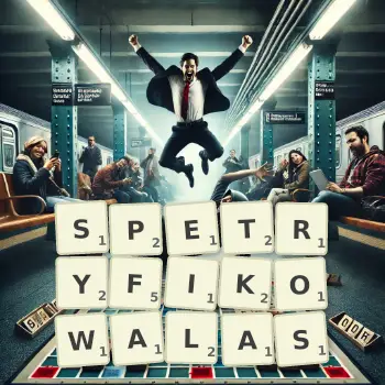 Kreatywna ilustracja do gry w Scrabble ze słowem SPETRYFIKOWALAS ułożonym z płytek na planszy.