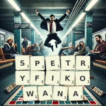 Kreatywna ilustracja do gry w Scrabble ze słowem SPETRYFIKOWANA ułożonym z płytek na planszy.