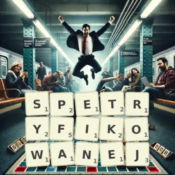 Kreatywna ilustracja do gry w Scrabble ze słowem SPETRYFIKOWANEJ ułożonym z płytek na planszy.