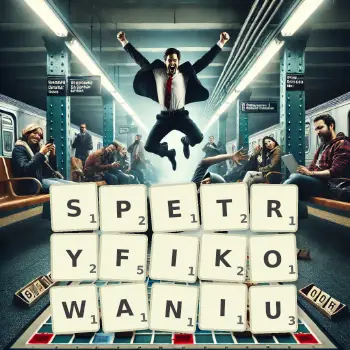 Kreatywna ilustracja do gry w Scrabble ze słowem SPETRYFIKOWANIU ułożonym z płytek na planszy.