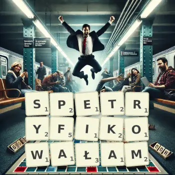 Kreatywna ilustracja do gry w Scrabble ze słowem SPETRYFIKOWAŁAM ułożonym z płytek na planszy.
