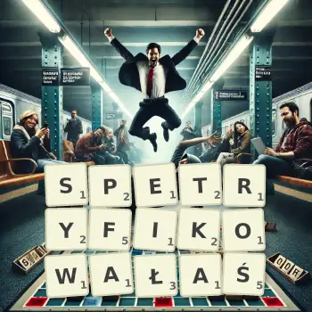 Kreatywna ilustracja do gry w Scrabble ze słowem SPETRYFIKOWAŁAŚ ułożonym z płytek na planszy.