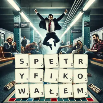 Kreatywna ilustracja do gry w Scrabble ze słowem SPETRYFIKOWAŁEM ułożonym z płytek na planszy.