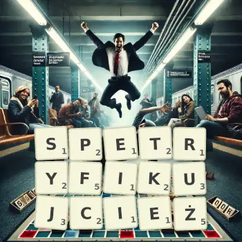 Kreatywna ilustracja do gry w Scrabble ze słowem SPETRYFIKUJCIEŻ ułożonym z płytek na planszy.