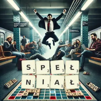 Kreatywna ilustracja do gry w Scrabble ze słowem SPEŁNIAŁ ułożonym z płytek na planszy.