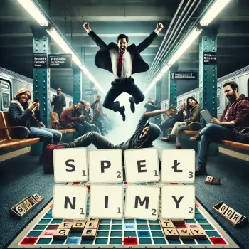 Kreatywna ilustracja do gry w Scrabble ze słowem SPEŁNIMY ułożonym z płytek na planszy.