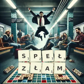Kreatywna ilustracja do gry w Scrabble ze słowem SPEŁZŁAM ułożonym z płytek na planszy.