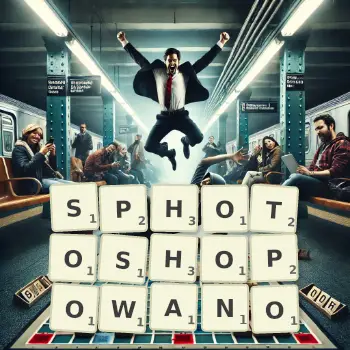 Kreatywna ilustracja do gry w Scrabble ze słowem SPHOTOSHOPOWANO ułożonym z płytek na planszy.