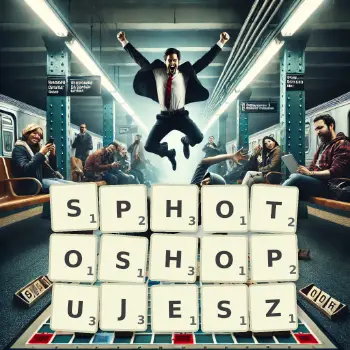 Kreatywna ilustracja do gry w Scrabble ze słowem SPHOTOSHOPUJESZ ułożonym z płytek na planszy.