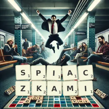 Kreatywna ilustracja do gry w Scrabble ze słowem SPIACZKAMI ułożonym z płytek na planszy.