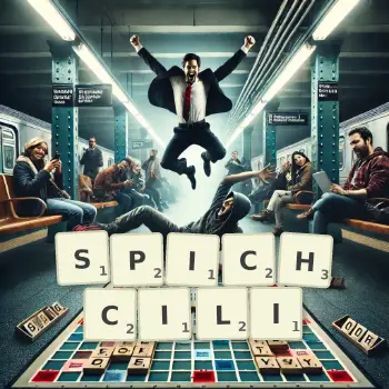 Kreatywna ilustracja do gry w Scrabble ze słowem SPICHCILI ułożonym z płytek na planszy.