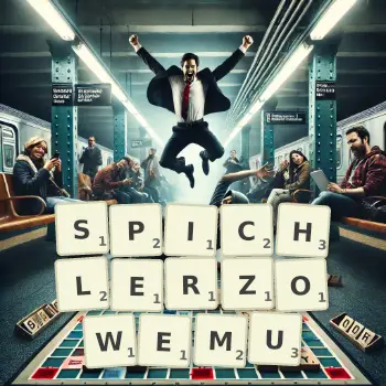 Kreatywna ilustracja do gry w Scrabble ze słowem SPICHLERZOWEMU ułożonym z płytek na planszy.