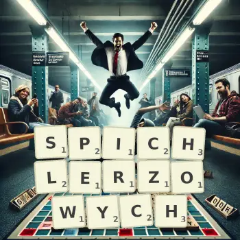 Kreatywna ilustracja do gry w Scrabble ze słowem SPICHLERZOWYCH ułożonym z płytek na planszy.