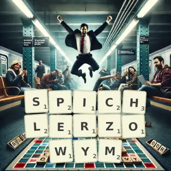 Kreatywna ilustracja do gry w Scrabble ze słowem SPICHLERZOWYM ułożonym z płytek na planszy.