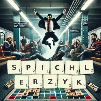 Kreatywna ilustracja do gry w Scrabble ze słowem SPICHLERZYK ułożonym z płytek na planszy.