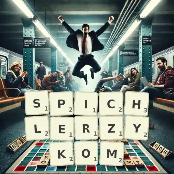 Kreatywna ilustracja do gry w Scrabble ze słowem SPICHLERZYKOM ułożonym z płytek na planszy.