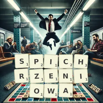 Kreatywna ilustracja do gry w Scrabble ze słowem SPICHRZENIOWA ułożonym z płytek na planszy.
