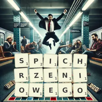 Kreatywna ilustracja do gry w Scrabble ze słowem SPICHRZENIOWEGO ułożonym z płytek na planszy.