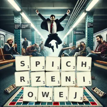 Kreatywna ilustracja do gry w Scrabble ze słowem SPICHRZENIOWEJ ułożonym z płytek na planszy.