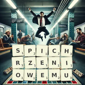 Kreatywna ilustracja do gry w Scrabble ze słowem SPICHRZENIOWEMU ułożonym z płytek na planszy.