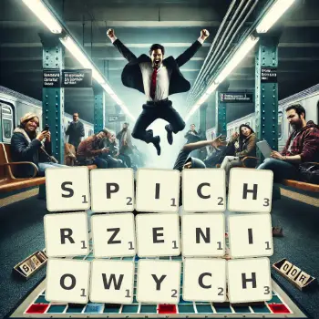 Kreatywna ilustracja do gry w Scrabble ze słowem SPICHRZENIOWYCH ułożonym z płytek na planszy.