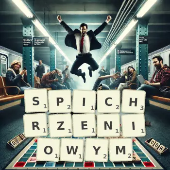 Kreatywna ilustracja do gry w Scrabble ze słowem SPICHRZENIOWYM ułożonym z płytek na planszy.