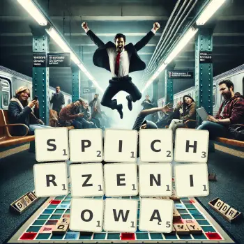Kreatywna ilustracja do gry w Scrabble ze słowem SPICHRZENIOWĄ ułożonym z płytek na planszy.
