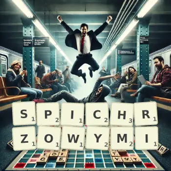 Kreatywna ilustracja do gry w Scrabble ze słowem SPICHRZOWYMI ułożonym z płytek na planszy.