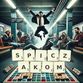 Kreatywna ilustracja do gry w Scrabble ze słowem SPICZAKOM ułożonym z płytek na planszy.