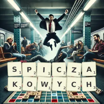 Kreatywna ilustracja do gry w Scrabble ze słowem SPICZAKOWYCH ułożonym z płytek na planszy.