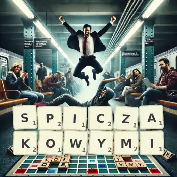 Kreatywna ilustracja do gry w Scrabble ze słowem SPICZAKOWYMI ułożonym z płytek na planszy.