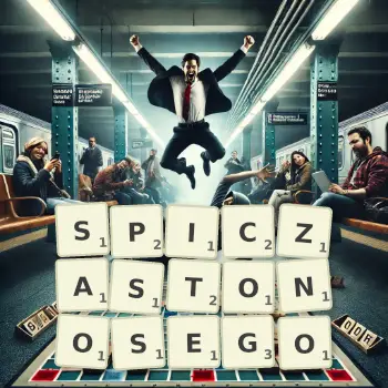 Kreatywna ilustracja do gry w Scrabble ze słowem SPICZASTONOSEGO ułożonym z płytek na planszy.