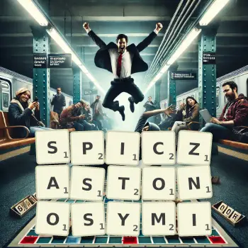 Kreatywna ilustracja do gry w Scrabble ze słowem SPICZASTONOSYMI ułożonym z płytek na planszy.
