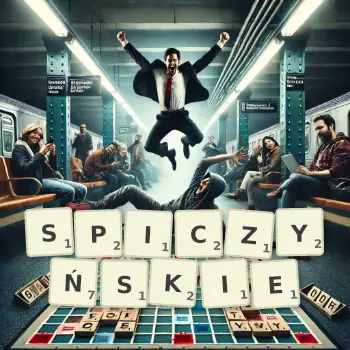 Kreatywna ilustracja do gry w Scrabble ze słowem SPICZYŃSKIE ułożonym z płytek na planszy.