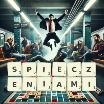 Kreatywna ilustracja do gry w Scrabble ze słowem SPIECZENIAMI ułożonym z płytek na planszy.