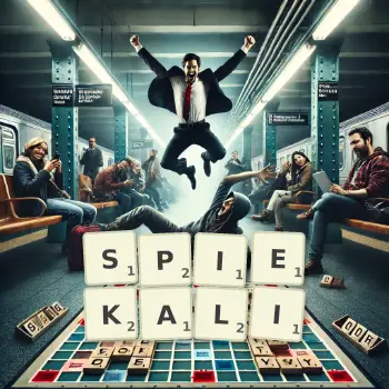 Kreatywna ilustracja do gry w Scrabble ze słowem SPIEKALI ułożonym z płytek na planszy.