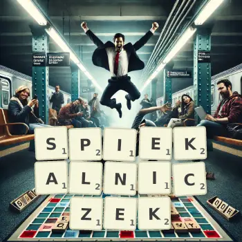 Kreatywna ilustracja do gry w Scrabble ze słowem SPIEKALNICZEK ułożonym z płytek na planszy.