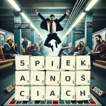 Kreatywna ilustracja do gry w Scrabble ze słowem SPIEKALNOŚCIACH ułożonym z płytek na planszy.