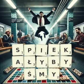 Kreatywna ilustracja do gry w Scrabble ze słowem SPIEKAŁYBYŚMY ułożonym z płytek na planszy.