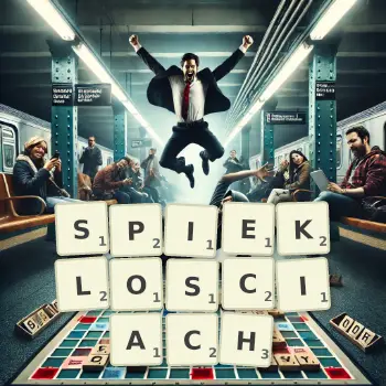 Kreatywna ilustracja do gry w Scrabble ze słowem SPIEKLOSCIACH ułożonym z płytek na planszy.