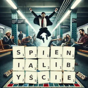 Kreatywna ilustracja do gry w Scrabble ze słowem SPIENIALIBYŚCIE ułożonym z płytek na planszy.