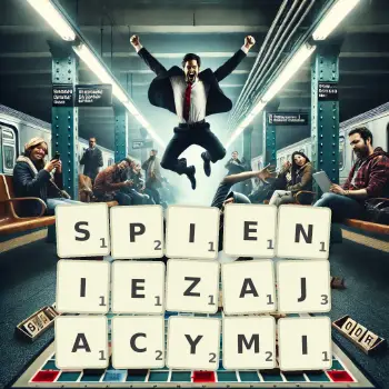 Kreatywna ilustracja do gry w Scrabble ze słowem SPIENIEZAJACYMI ułożonym z płytek na planszy.