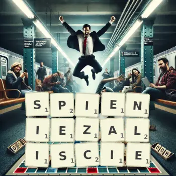 Kreatywna ilustracja do gry w Scrabble ze słowem SPIENIEZALISCIE ułożonym z płytek na planszy.