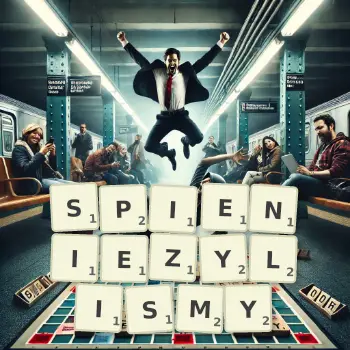 Kreatywna ilustracja do gry w Scrabble ze słowem SPIENIEZYLISMY ułożonym z płytek na planszy.
