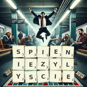 Kreatywna ilustracja do gry w Scrabble ze słowem SPIENIEZYLYSCIE ułożonym z płytek na planszy.