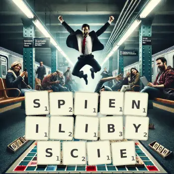 Kreatywna ilustracja do gry w Scrabble ze słowem SPIENILIBYSCIE ułożonym z płytek na planszy.