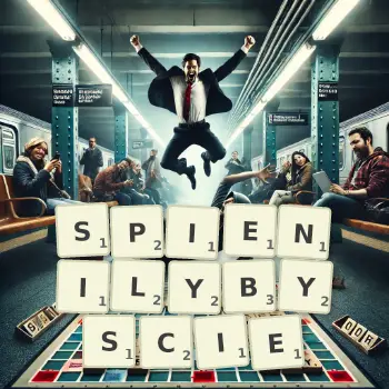 Kreatywna ilustracja do gry w Scrabble ze słowem SPIENILYBYSCIE ułożonym z płytek na planszy.